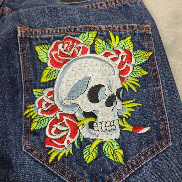 Vintage Don Ed Hardy Skull & Roses Embroidered Baggy Dark Denim Jeans Mens 32X34 - Picture 10 of 11